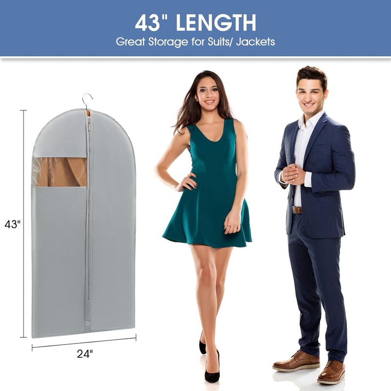 Perber 43" Garment Bags for Hanging Clothes, Suit Bags for Closet Storage and Travel, Grey Suit Cover Bags with Clear Window for Coats, Jackets, Shirts (5 Packs) - Image 2